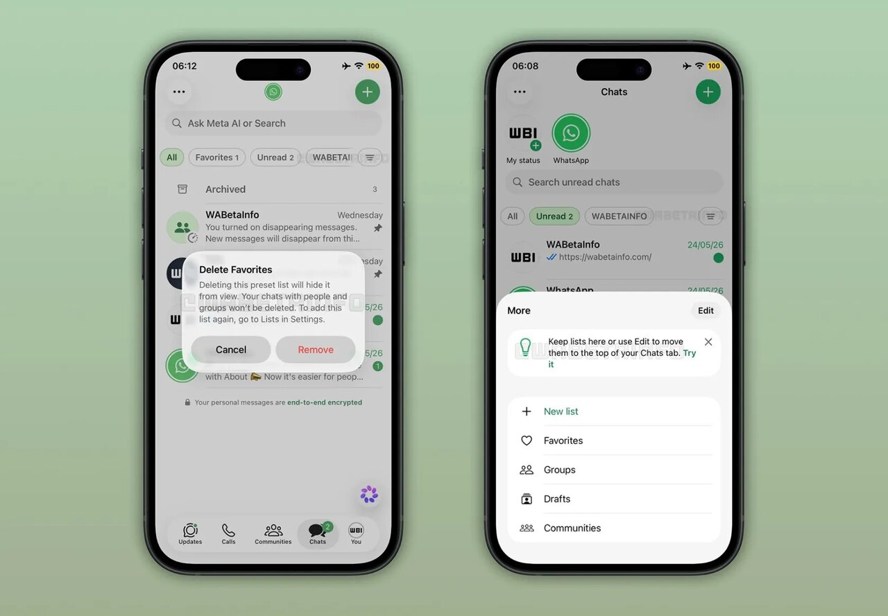 فهرست چت‌ها در واتساپ